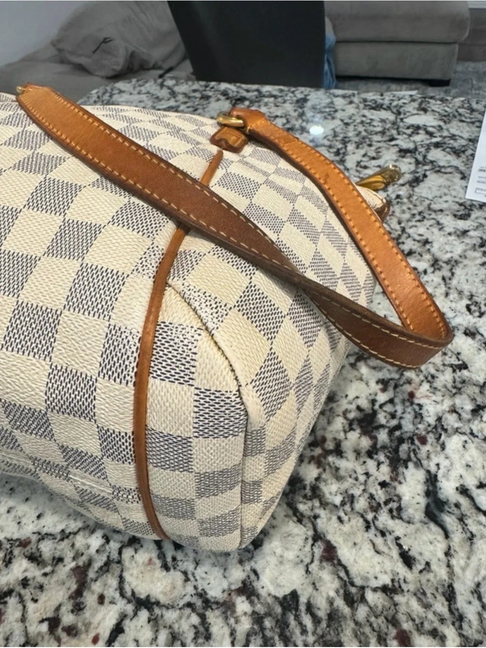 Louis Vuitton Cream Checkered Tote with Brown Leather Straps